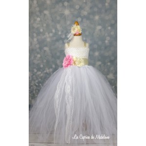 Robe tutu blanc fleurs et dentelle 8 ans